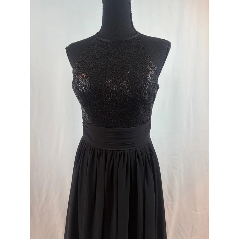 Black Sequin Halter Neck Maxi Dress Open Back Ruched Waist Formal Evening Gown - Picture 2 of 16